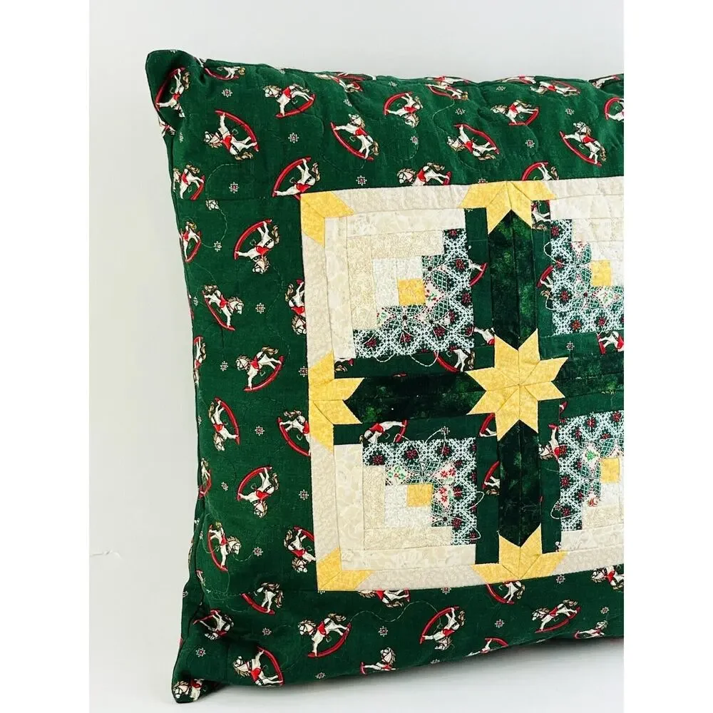 Vintge Christmas Quilted Decor Pillow Red Green Yellow 14x14 Rocking Horse Star
